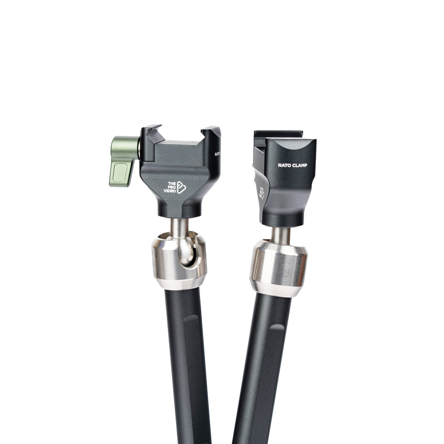 Two 12 inch articulating arms upright, showing the ball joint and center lock