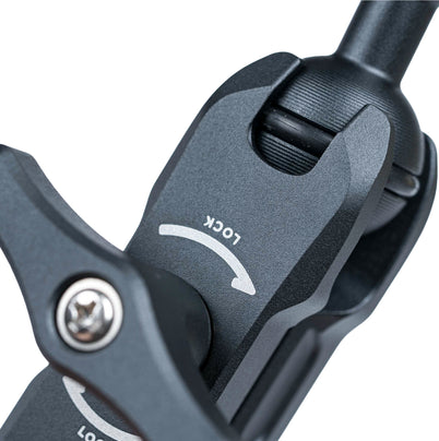 Close-up of 1/4-20 screw and anti-twist pin on articulating arm