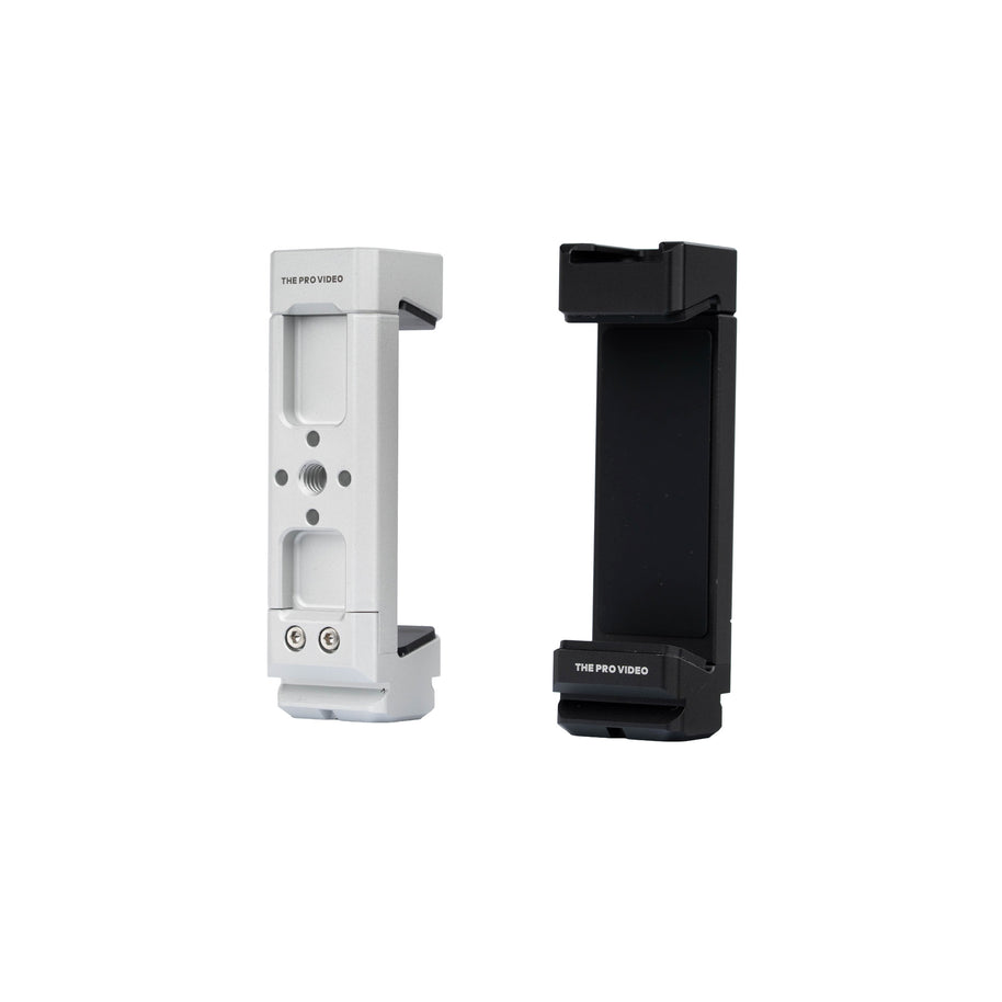 Pro Universal NATO phone clamp shown in silver and black finishes