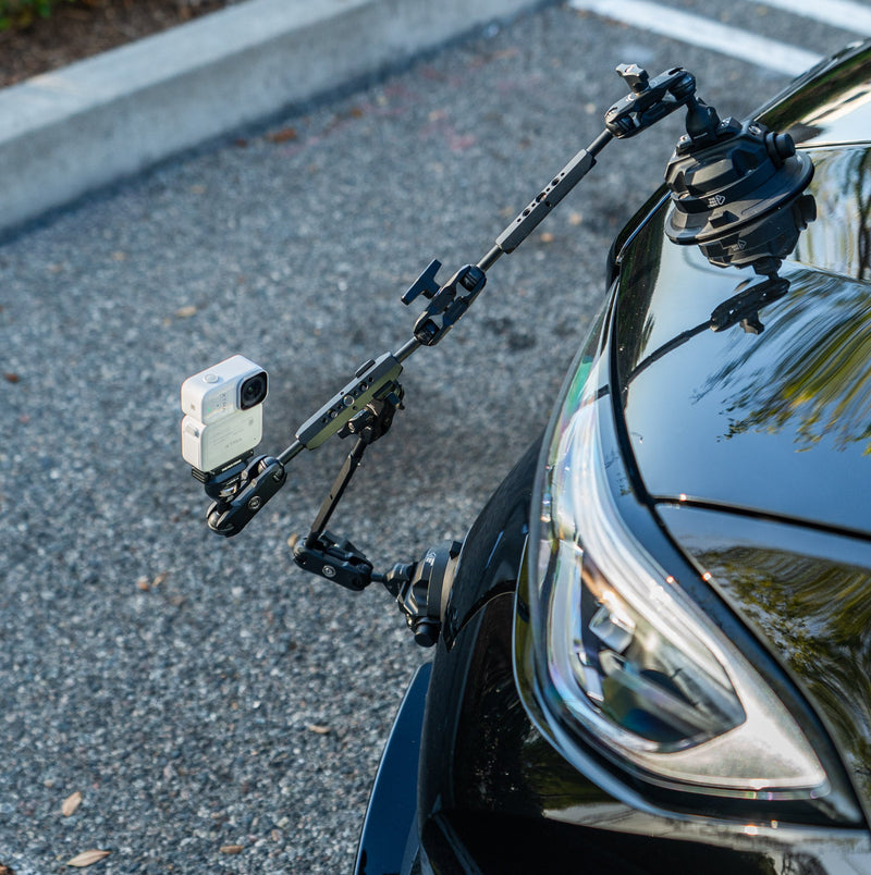 2 Articulating Arms + 6.5" Extension Arm. Two arms, one extension, one complete rig. Built for car content creators and automotive filmmakers.
