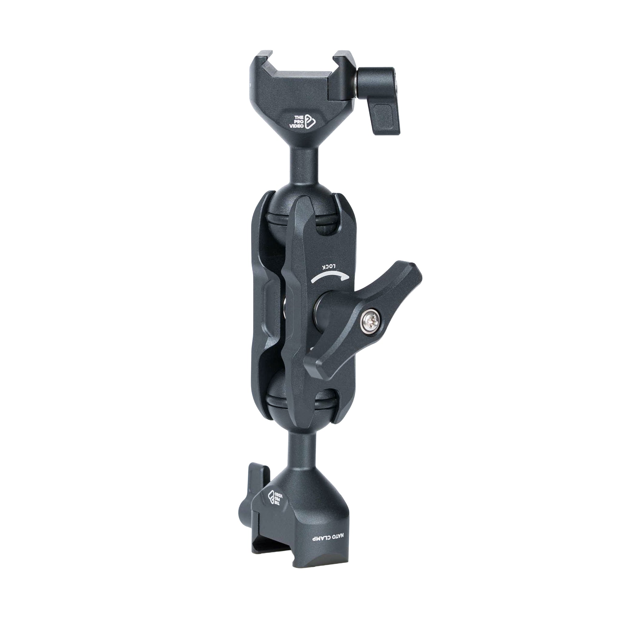 NATO clamp articulating arm side profile with 360 degree rotation and dual 20mm ball joints