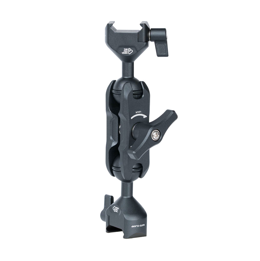 NATO clamp articulating arm side profile with 360 degree rotation and dual 20mm ball joints
