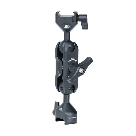 NATO clamp articulating arm side profile with 360 degree rotation and dual 20mm ball joints