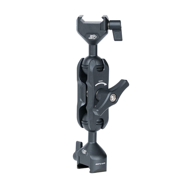 NATO clamp articulating arm side profile with 360 degree rotation and dual 20mm ball joints