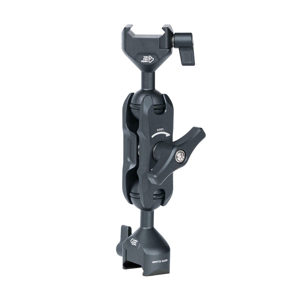 NATO clamp articulating arm side profile with 360 degree rotation and dual 20mm ball joints