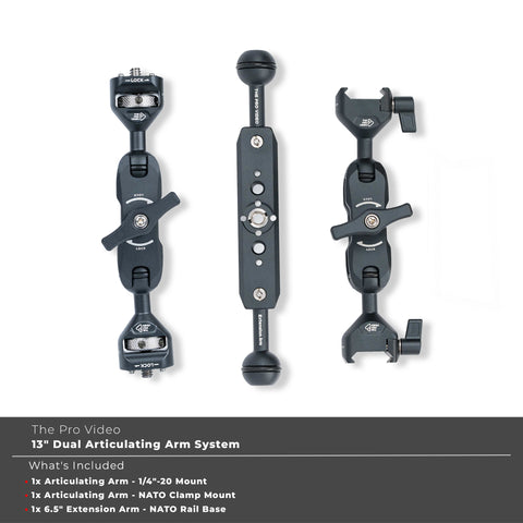 Two arms. One extension. One complete rig.
The Pro Video Dual Arm Bundle — 1/4"-20 + NATO Clamp + 6.5" Extension Arm.
Built for car content creators. $64.