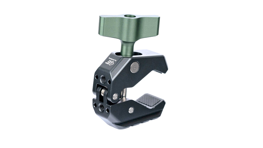 Camera super clamp closed, showing rubber-lined jaws and locking handle