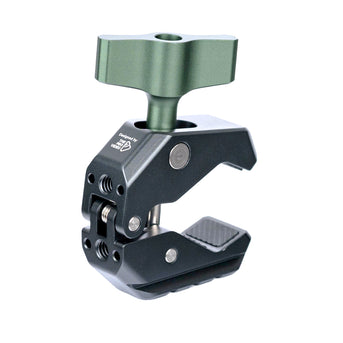 Camera super clamp closed, showing rubber-lined jaws and locking handle